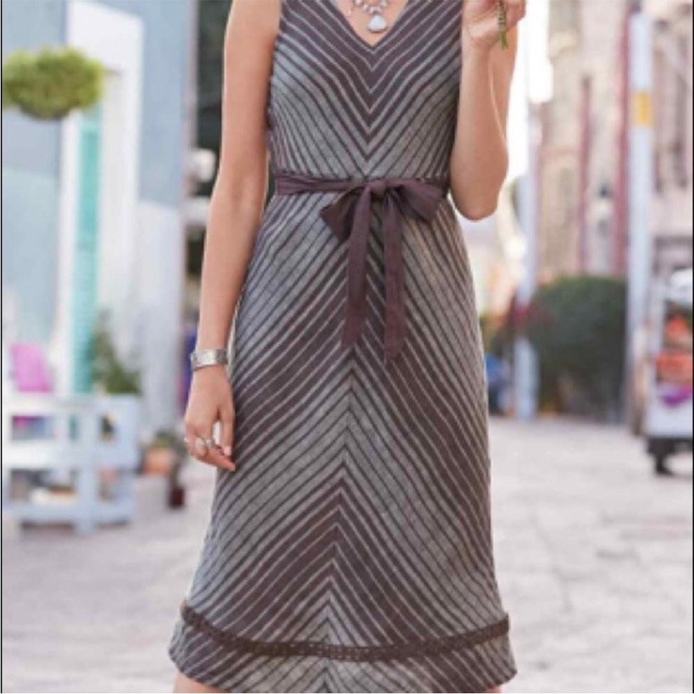 Sundance Allende Sleeveless Striped 100% Linen Dress Size 6 Brown Gray Lined